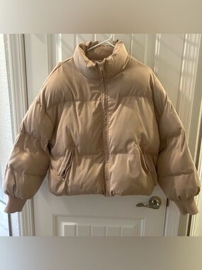 Women’s Neutral Beige Puffer Jacket with High Collar